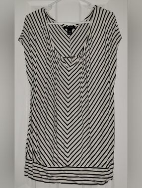 White House Black Market Black and White Striped V-Neck Blouse